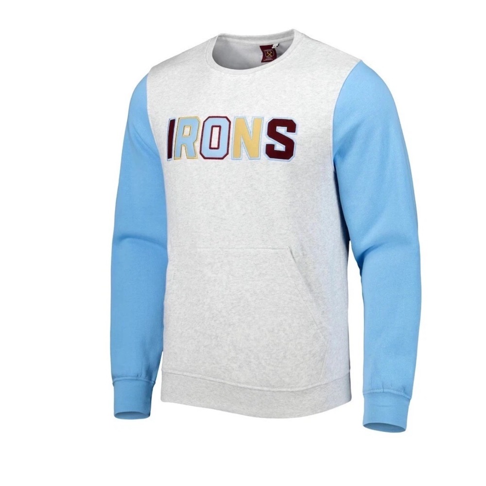 West Ham United Irons Crewneck Sweatshirt Light Gray Blue Sleeve Men's Medium